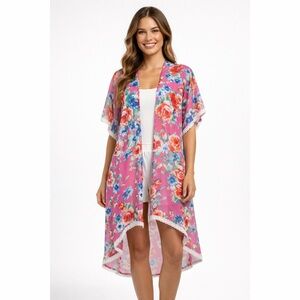 Chic Happens | Vibrant Floral Lace Trim Open Front Kimono Robe Swim Cover-Up